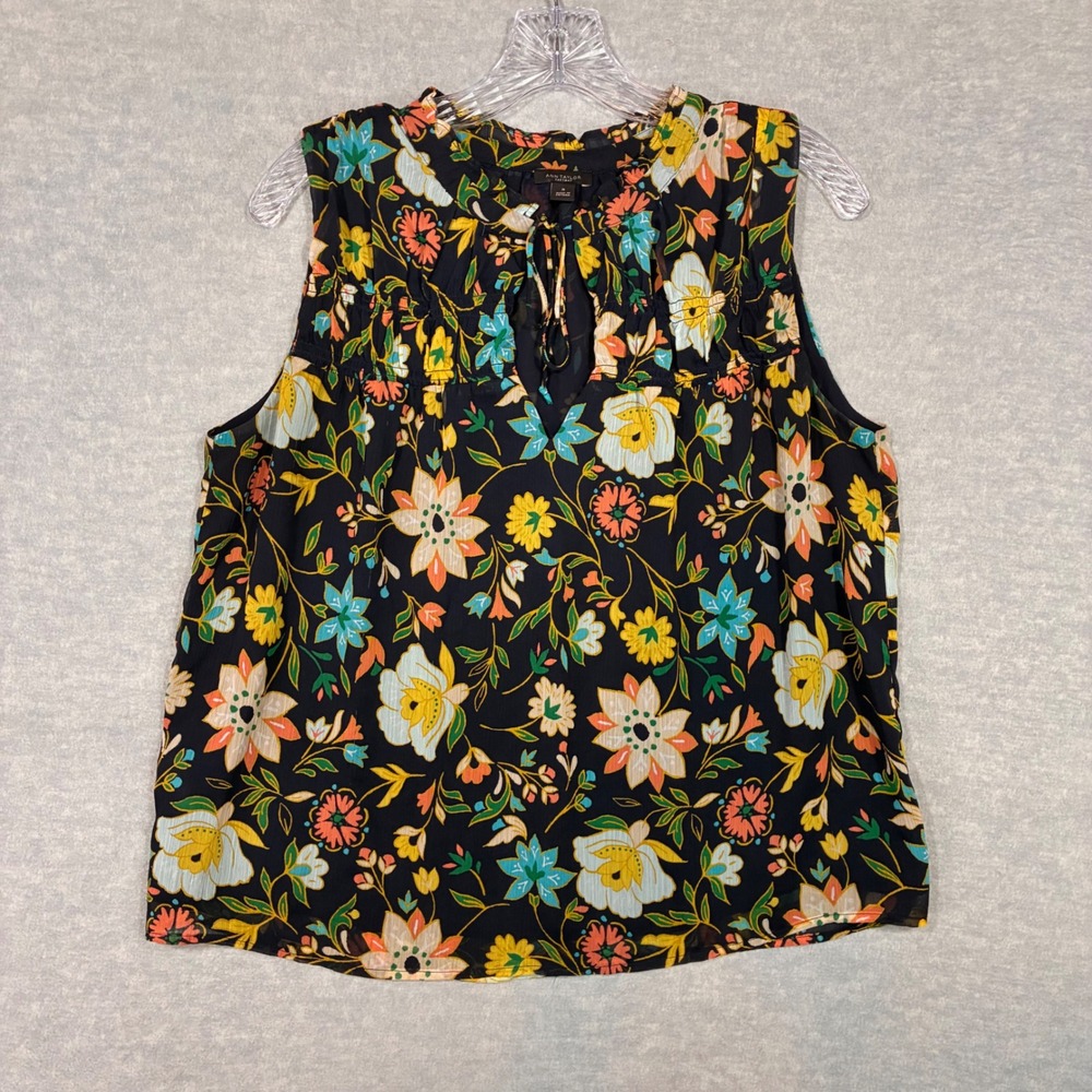 Ann Taylor Factory Navy Floral Sleeveless Blouse Split Neck Tie Top Medium